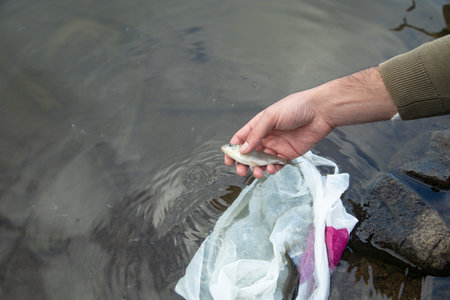 Man throw fish into the water.の写真素材