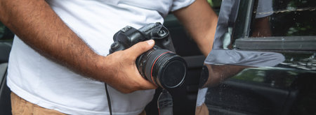 Man holding dslr camera in outdoor.の写真素材