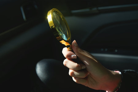 Female hand showing magnifying glass.の写真素材