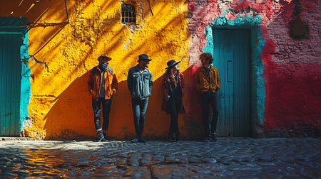 Creative people standing in colorful wall.の素材