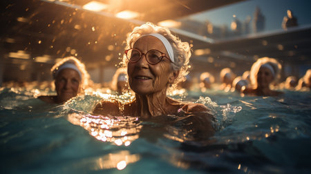 Elderly women enjoying aqua class.の素材