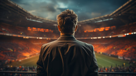 Back view man standing in a soccer stadium.の素材