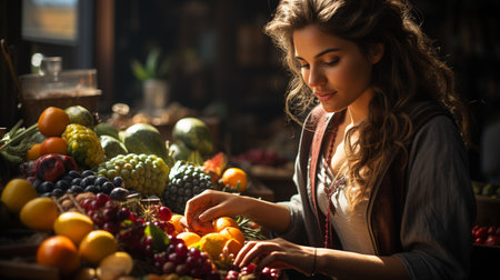 Seller woman working in fruit shop.の素材