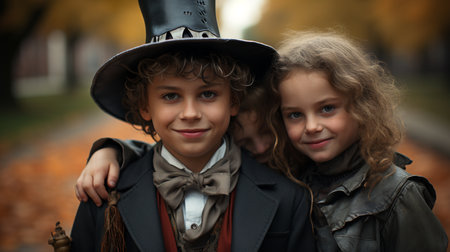 Smiling schoolfriends with Halloween costume.の素材