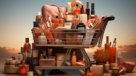 Shopping cart with a skincare, makeup, and cosmetic items.の素材