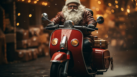 Santa Claus rides on a red scooter.の素材