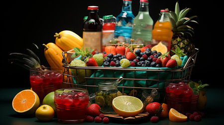 Shopping cart with a different fruits.の素材