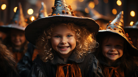 Smiling schoolfriends with Halloween costume.の素材