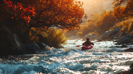 Back view of whitewater kayaking.の素材