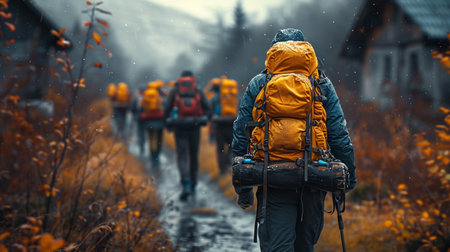 People with a backpack in nature.の素材