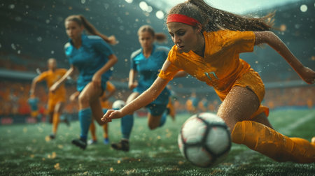 Female soccer team playing in stadium.の素材