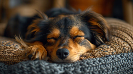Dog sleeping on a pet bed.の素材