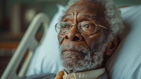 Elderly black sick man lying in medical bed in hospital.の素材