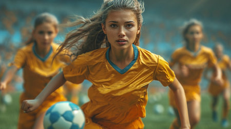 Female soccer team playing in stadium.の素材