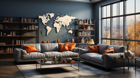 Living room and world map.の素材