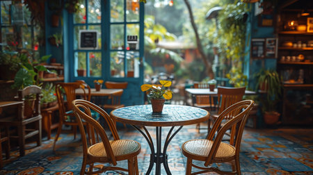 No people, empty table and chairs in cafe.の素材