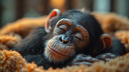 Monkey sleeping on a pet bed.の素材