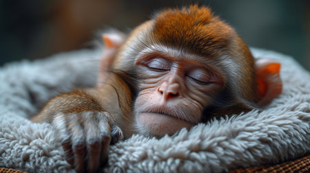 Monkey sleeping on a pet bed.の素材