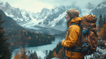 Human with a backpack in nature.の素材