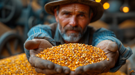 Farmer holds grain for production.の素材