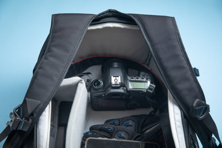 Professional photography camera in backpack.