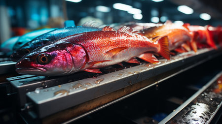 Fish on conveyor belt.の素材