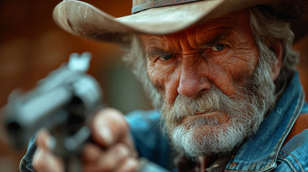 Elderly cowboy holding gun.の素材