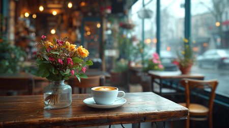 Coffee cup and flowers in coffee shop.の素材