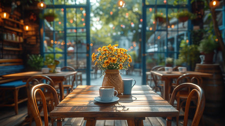 No people, empty table and chairs in cafe.の素材