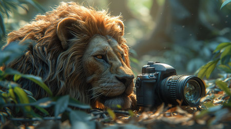Lion with a professional camera at forest.の素材