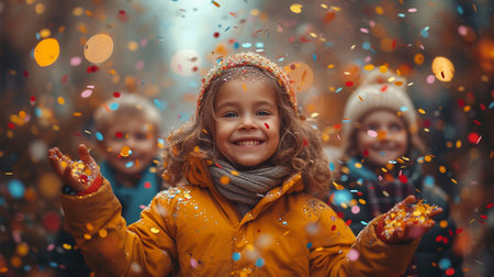 Joyful moment of childrens with confetti.の素材