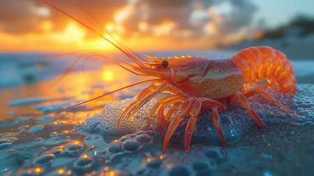 Shrimp in the beach at sunset.の素材