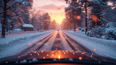 Winter road. View from inside car.の素材