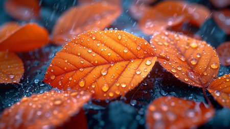 Closeup view of autumn rain with orange leaves.の素材