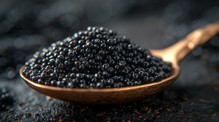 Closeup view of spoon filled with black caviar.の素材