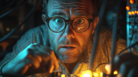 Shocked man is trying to fix the electrical wiring.の素材