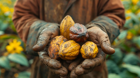 Farmer holding organic cocoa.の素材