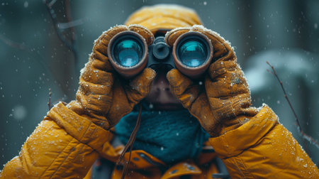 Hiker hands in gloves holding binoculars.の素材