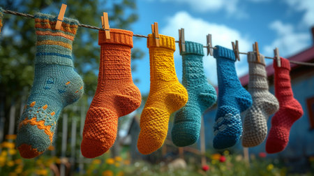 Clothesline with a variety of colorful socks.の素材