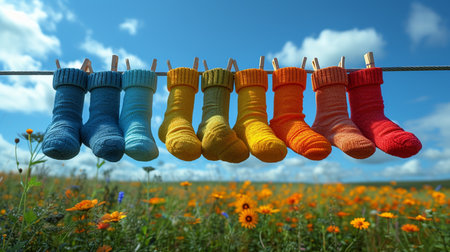 Clothesline with a variety of colorful socks.の素材