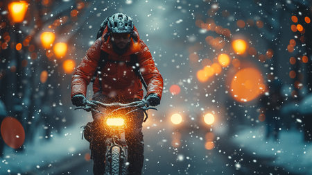 Man riding a bicycle in winter.の素材