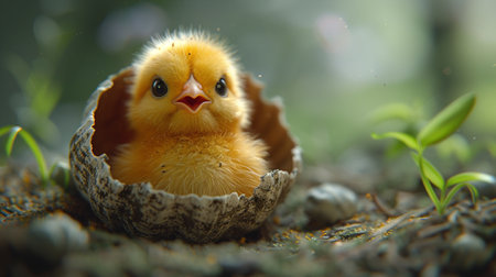 Head of chick out from the cracks of its eggshell.の素材