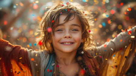 Joyful moment of childrens with confetti.の素材