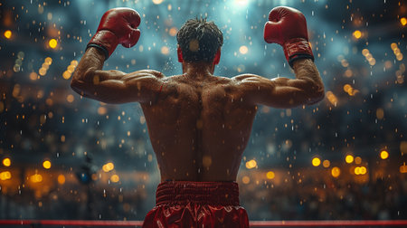 Professional boxer raising hands in boxing ring.の素材