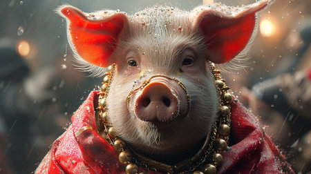 Pig wearing golden jewelry.の素材