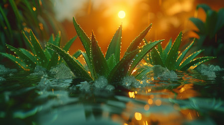 Aloe vera cover with drops of water.の素材