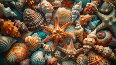 Top view of various seashell background.の素材