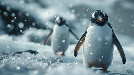 Penguins walking on the ice.の素材