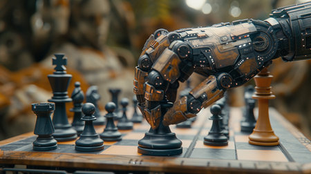 Robotic hand holding chess piece.の素材