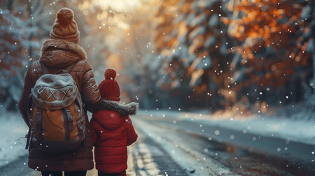 Back view of mother with child on a winter road.の素材
